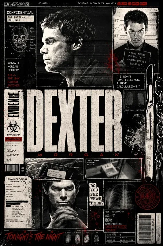 Poster ilustrado de Dexter con diseño oscuro y dramático