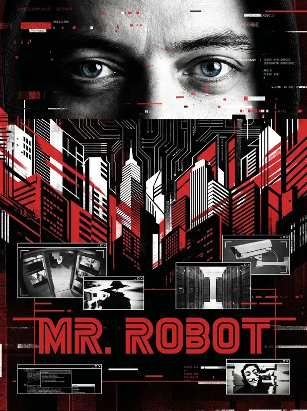 Poster ilustrado de Mr Robot con estética hacker y minimalista